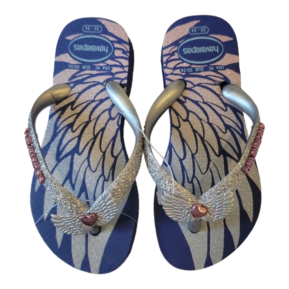 NWT $30 HAVAIANAS Winged Heart Marine Blue Flip Flops Girls 9 - Picture 1 of 4